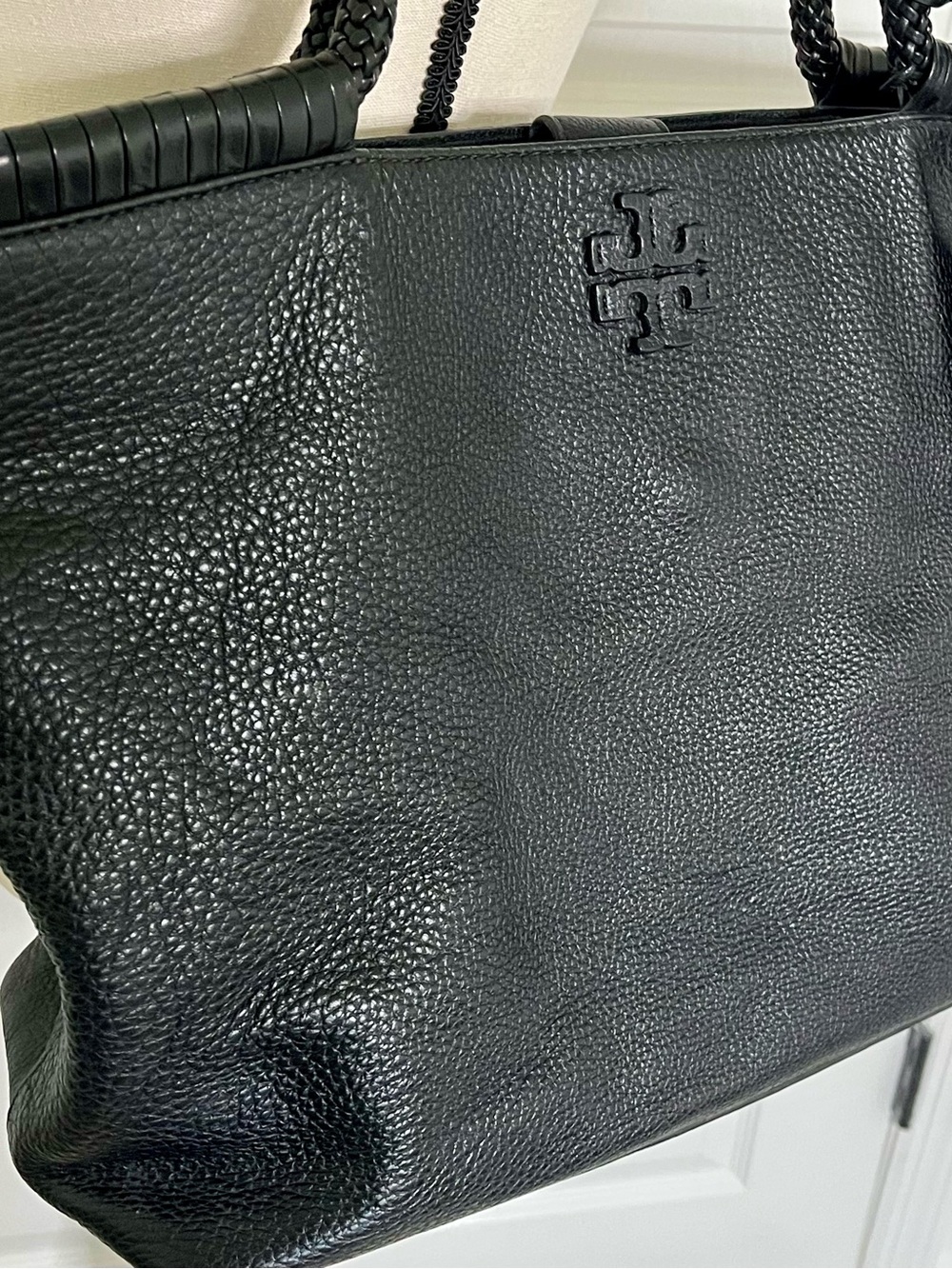 Tory Burch Black Pebbled Leather Braided-Handle Tote with Magnetic Closure